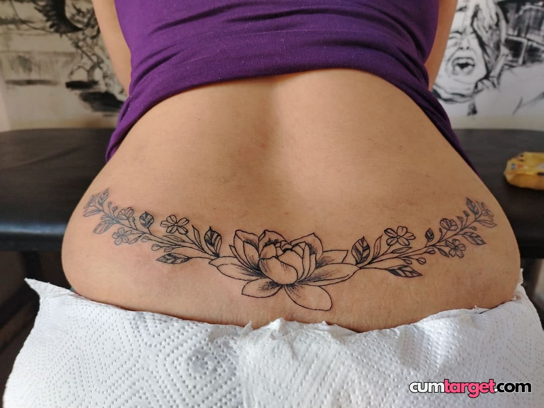 Cum On Floral Lower Back Tattoo