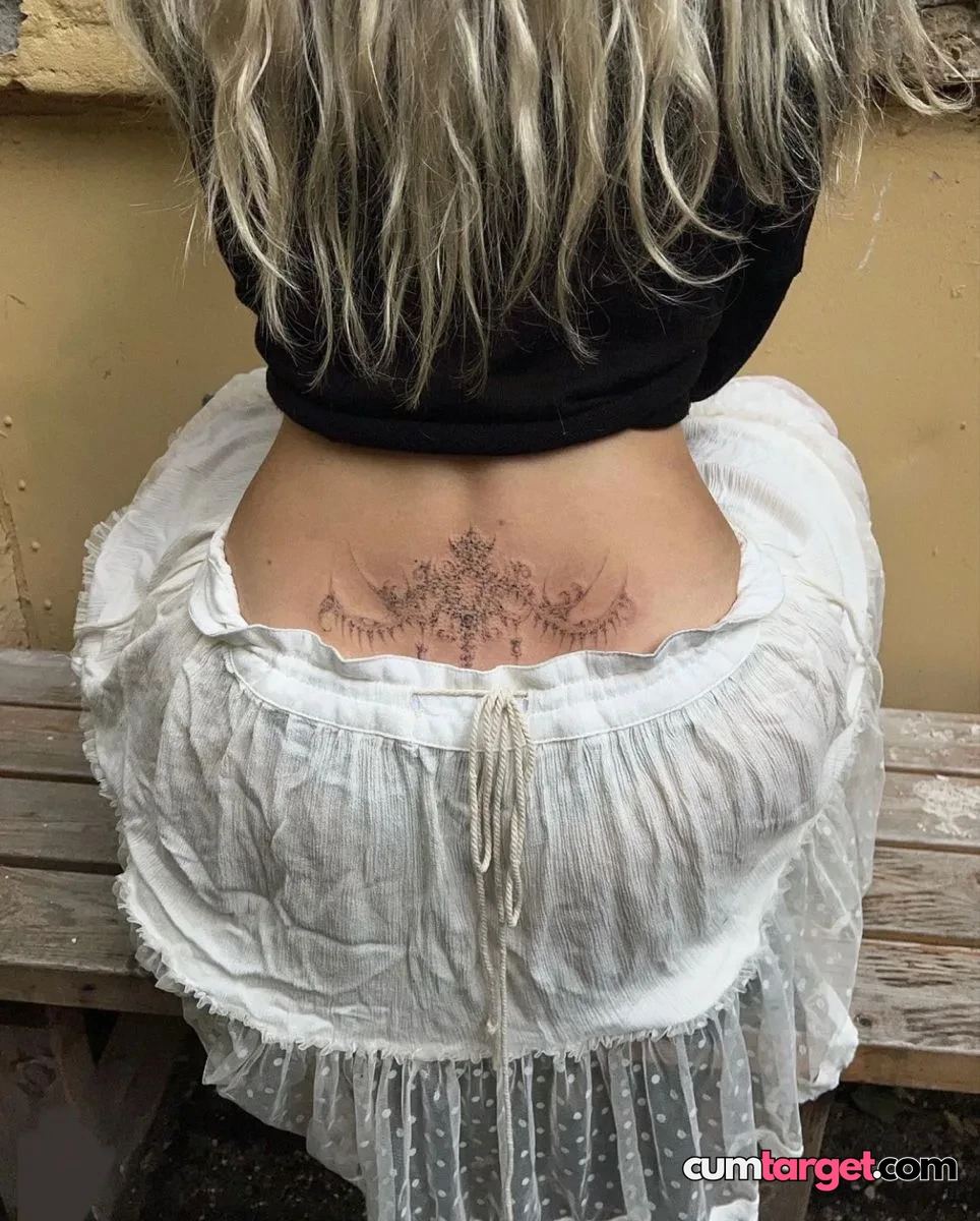 Cum On Back Tattoo and White Skirt