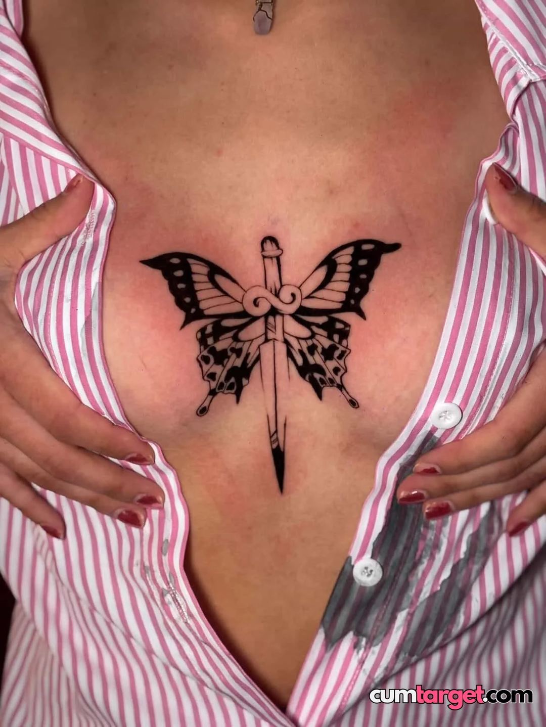 Waiting for Cum Butterfly Dagger Chest Tattoo