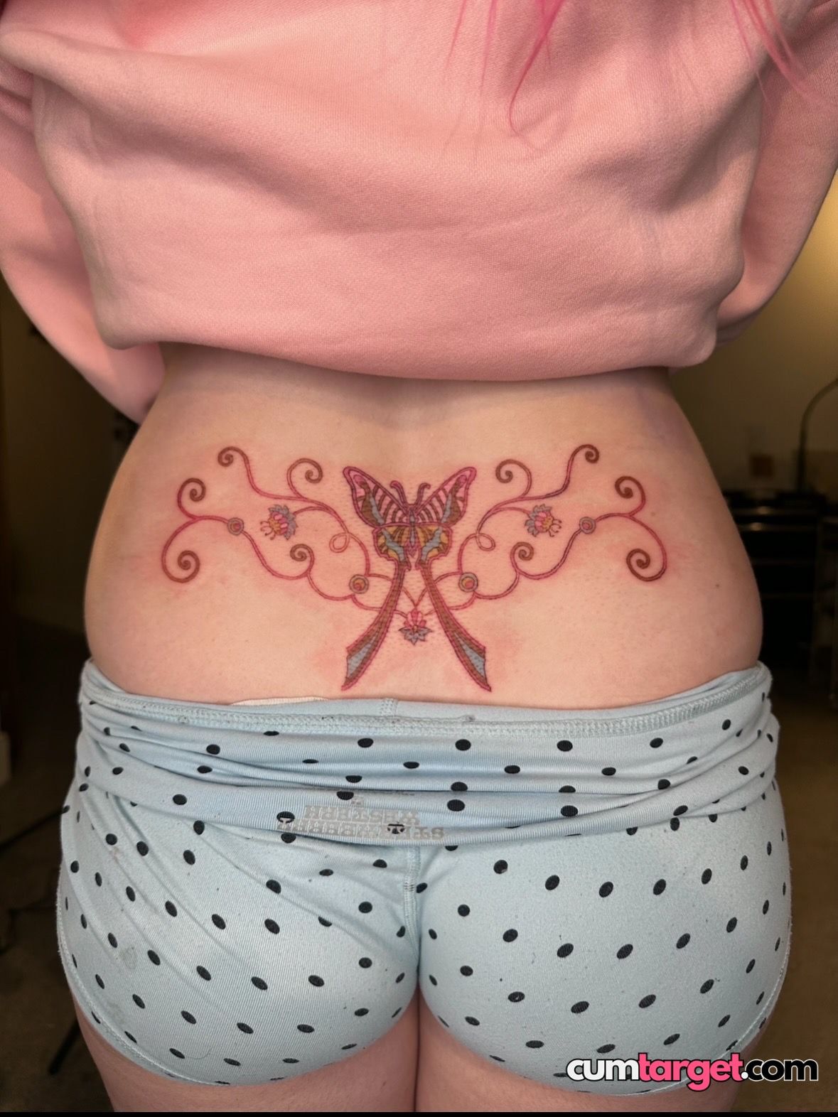 Waiting for Cum Butterfly Lower Back Tattoo