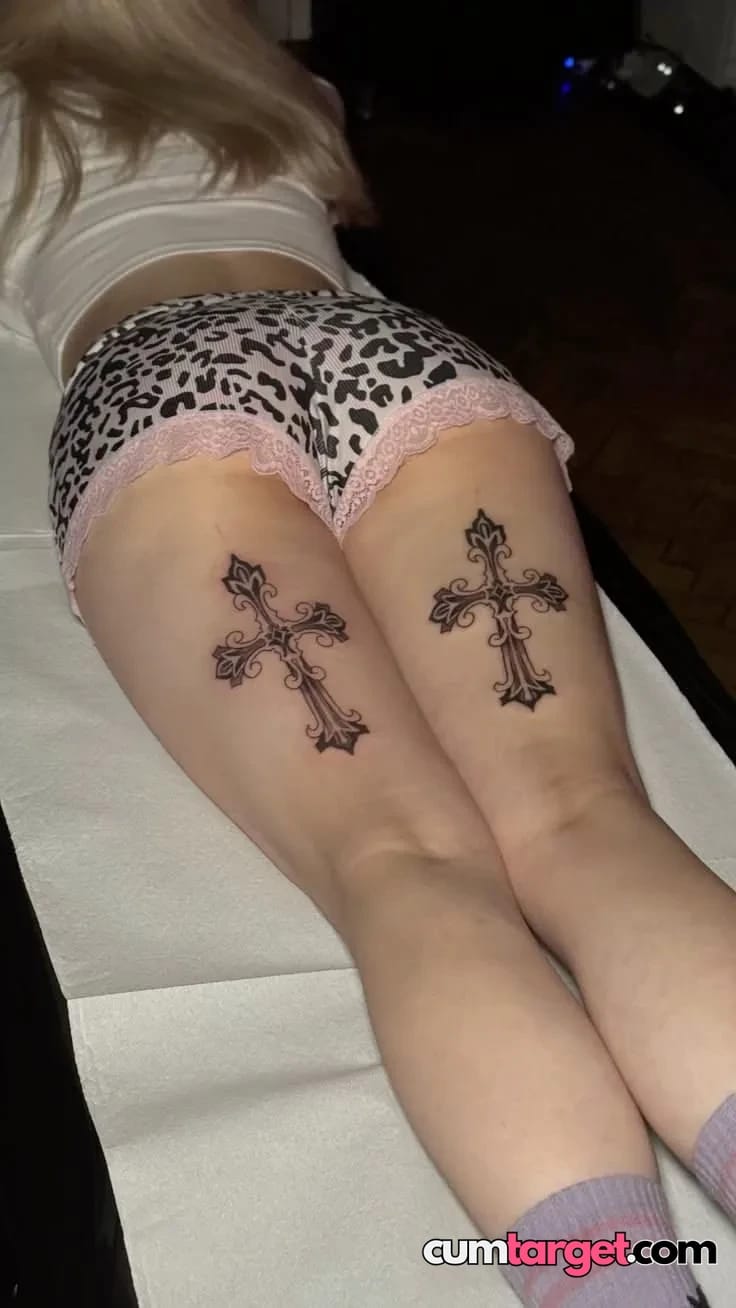 Cum On Matching Cross Tattoos on Thighs
