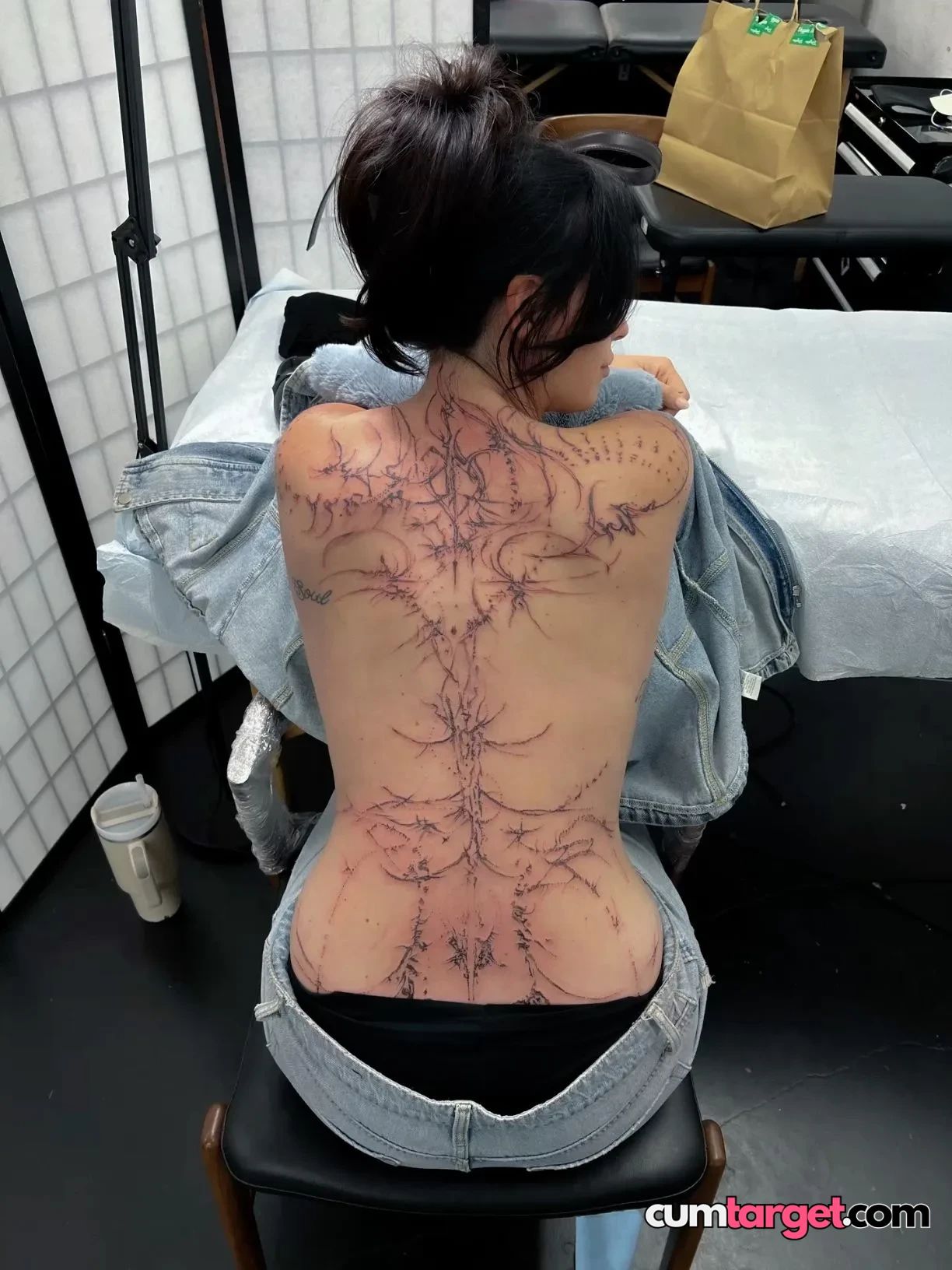 Cum On Woman with Back Tattoo