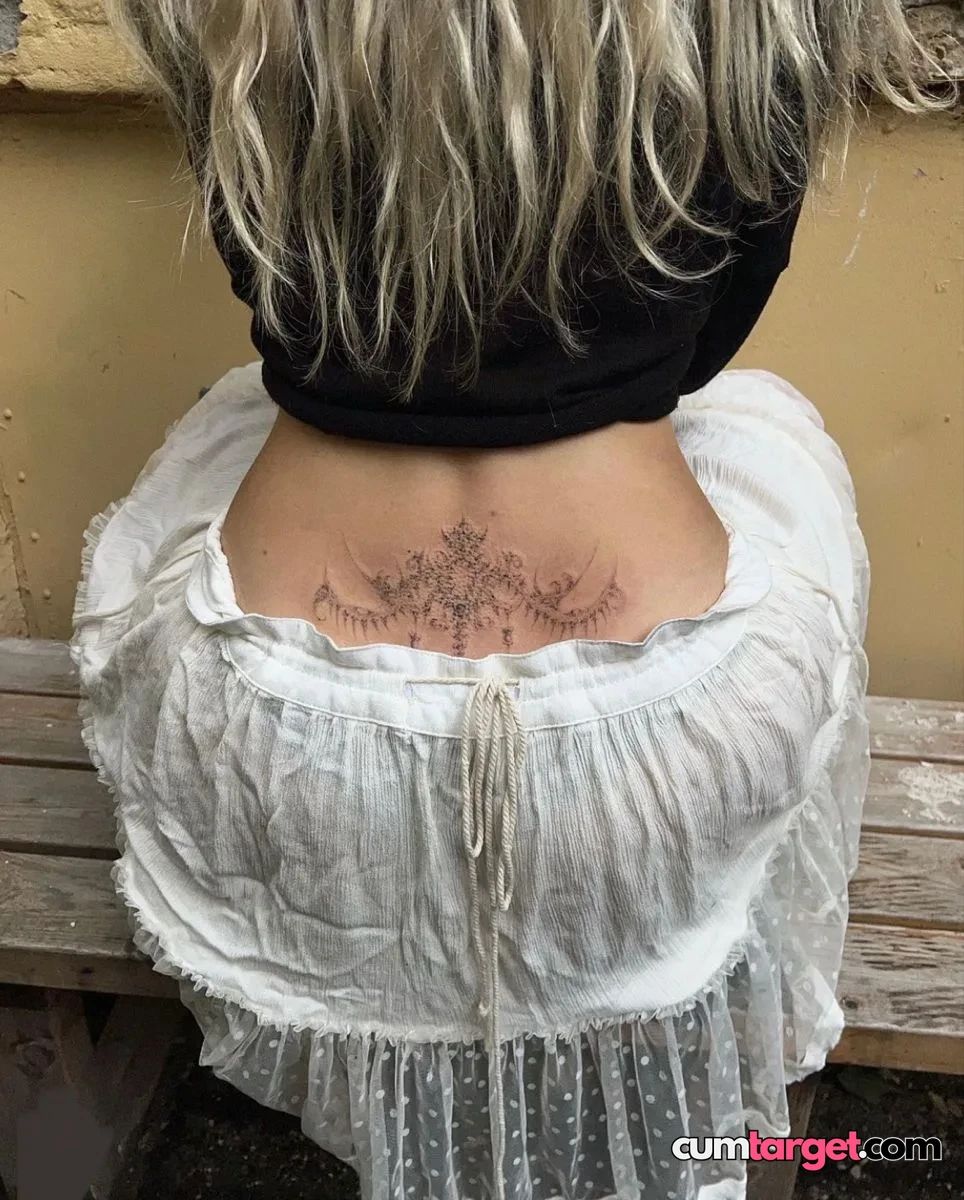 Cum On Back Tattoo and White Skirt