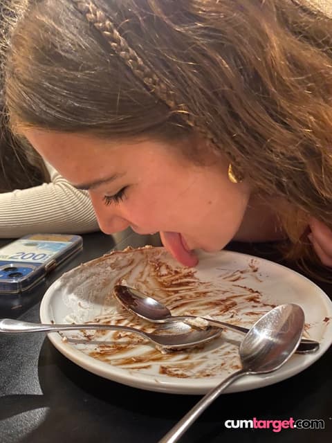 Waiting for Cum Woman Licking Empty Dessert Plate