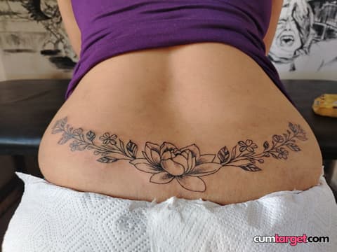 Cum On Floral Lower Back Tattoo