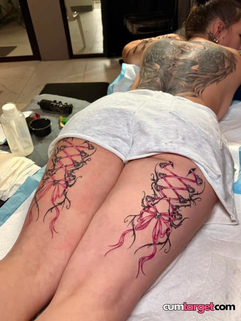 Waiting for Cum Tattoo Session on Thighs and Back