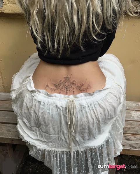 Cum On Back Tattoo and White Skirt