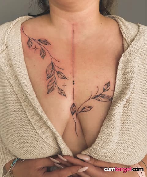 Waiting for Cum Leaf Tattoo on Chest