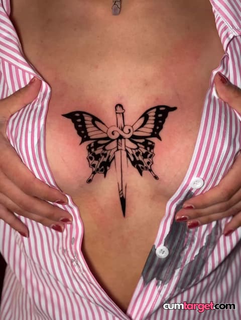Waiting for Cum Butterfly Dagger Chest Tattoo
