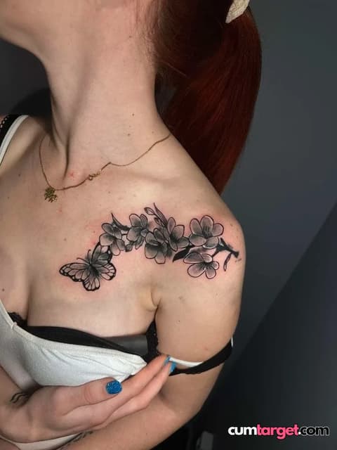 Cum On Floral Butterfly Shoulder Tattoo