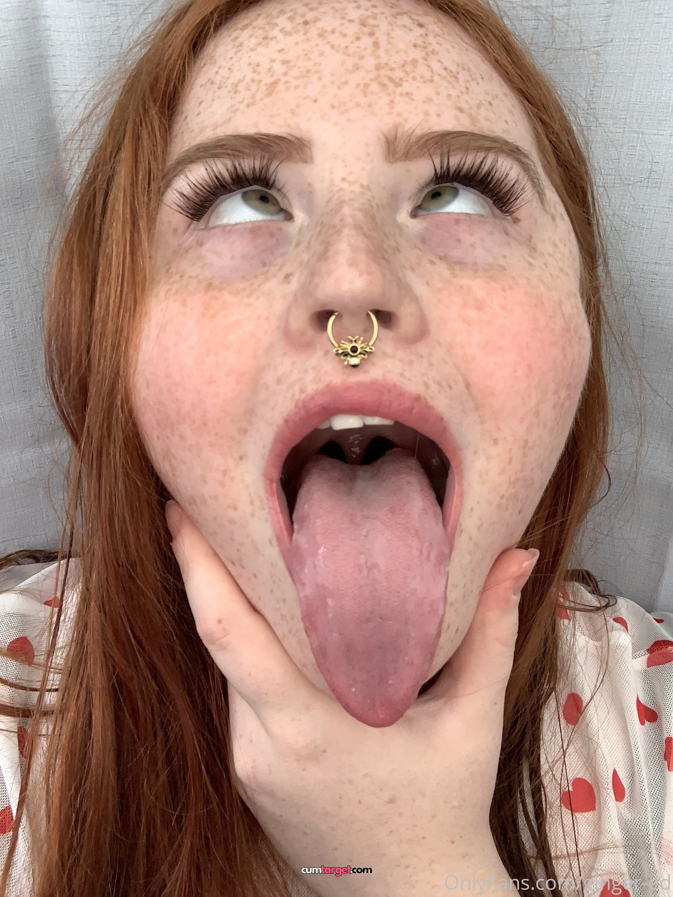 Cum target Finish on Freckled Woman Sticking Out Tongue