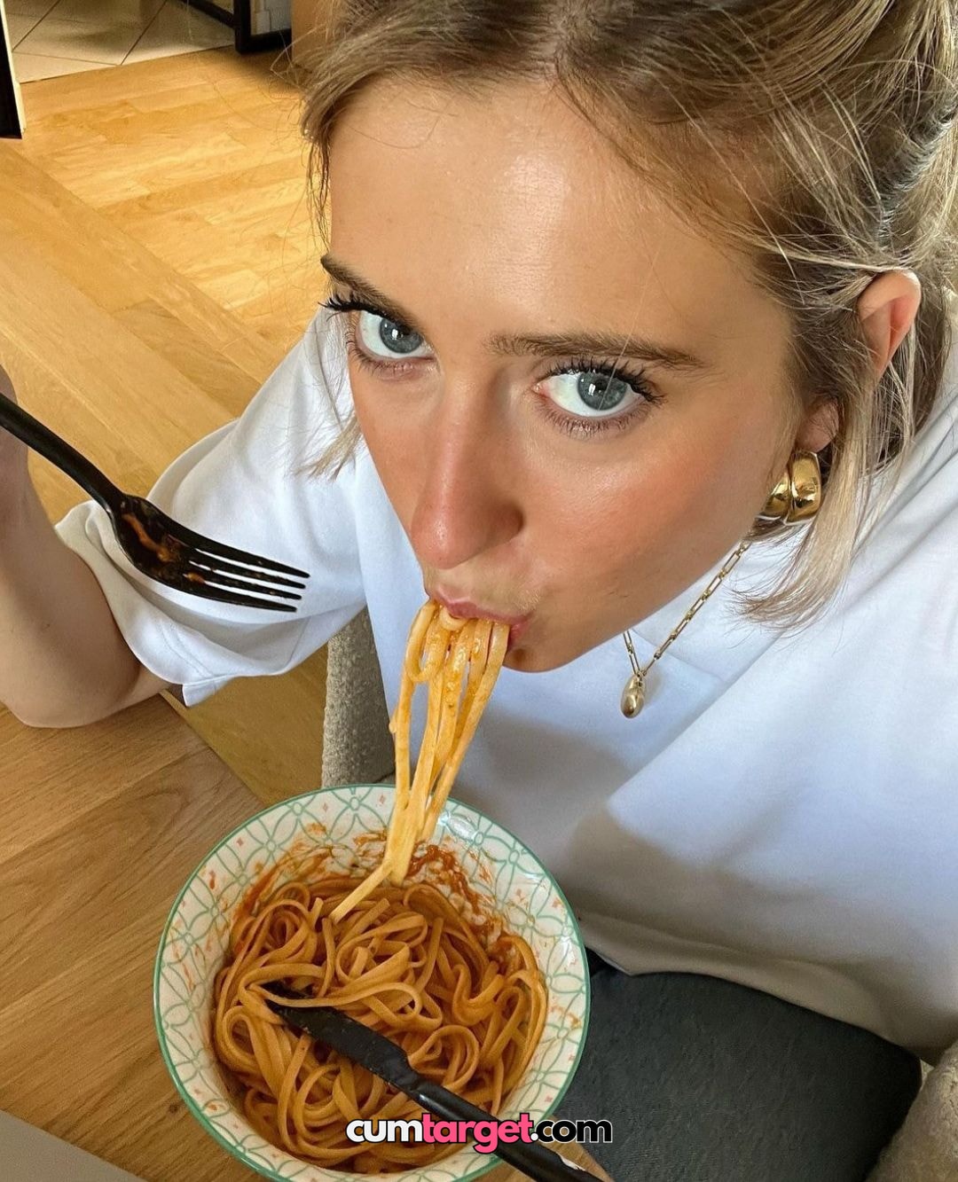 Cum target Spray on Woman Eating Spaghetti