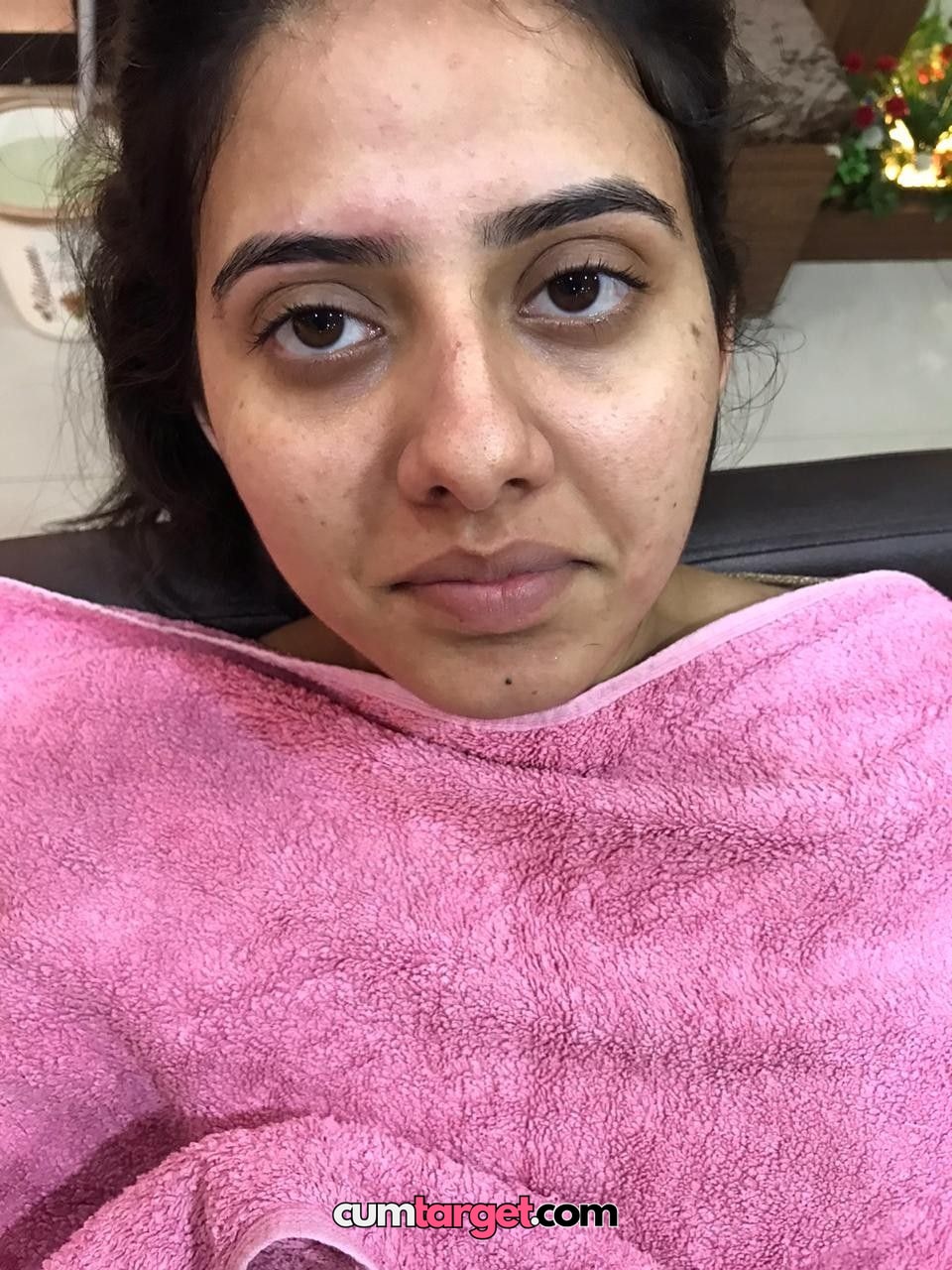 Spray on Wait for cum Close-up of Woman with Pink Towel