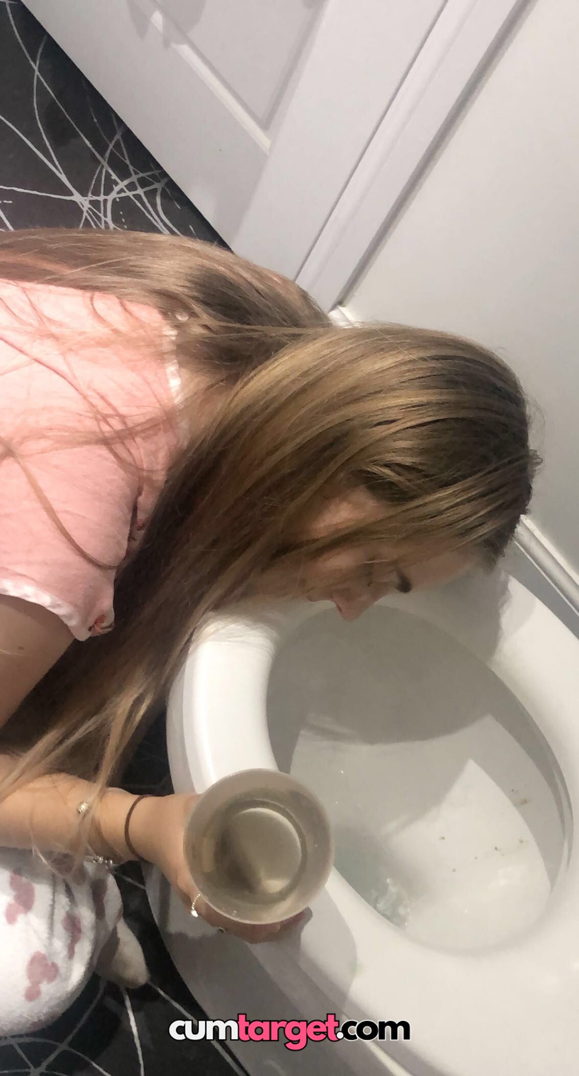 Wait for cum Spray on Woman Leaning Over Toilet