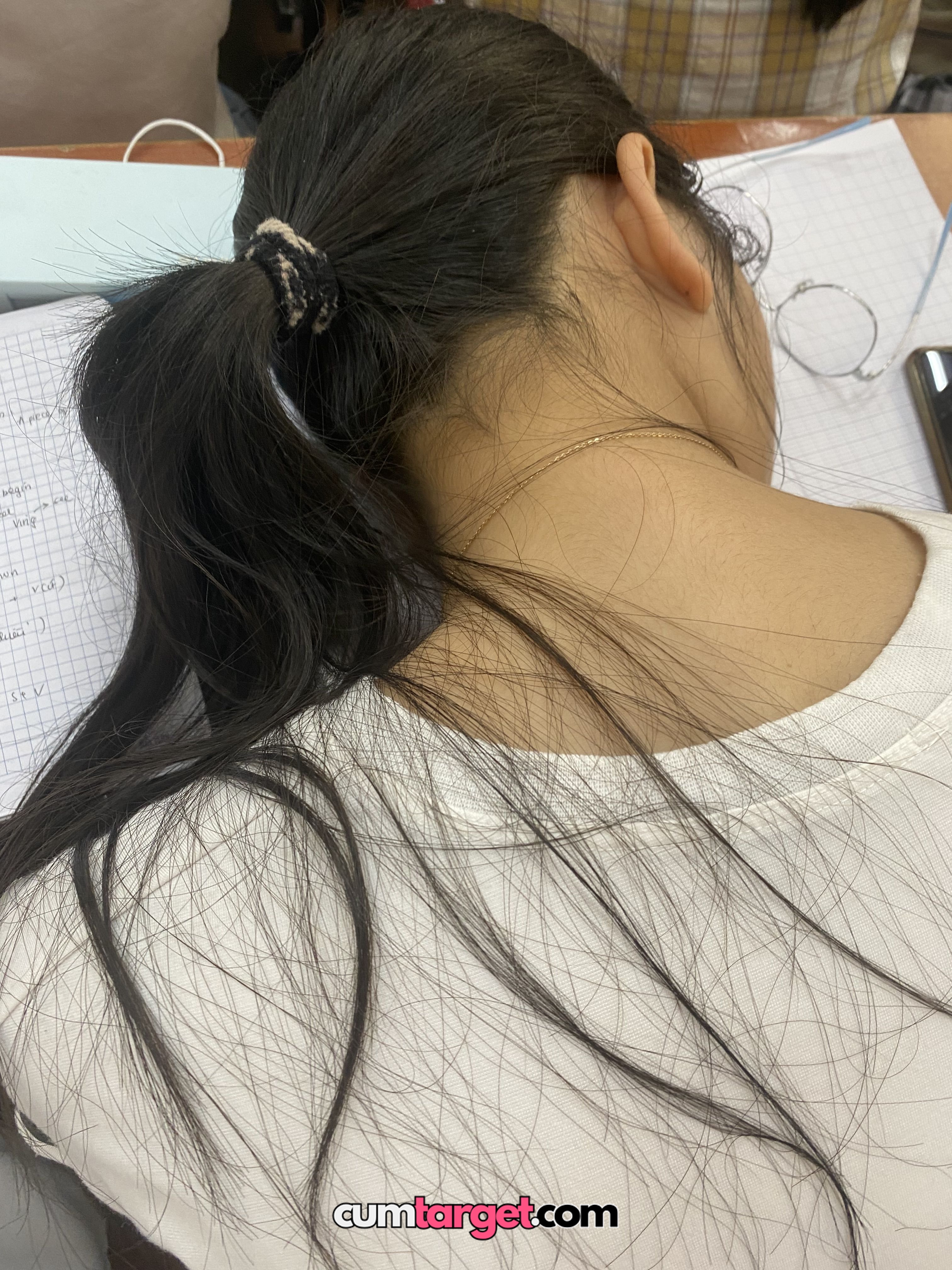 Wait for cum Spray on Woman Resting Head on Desk