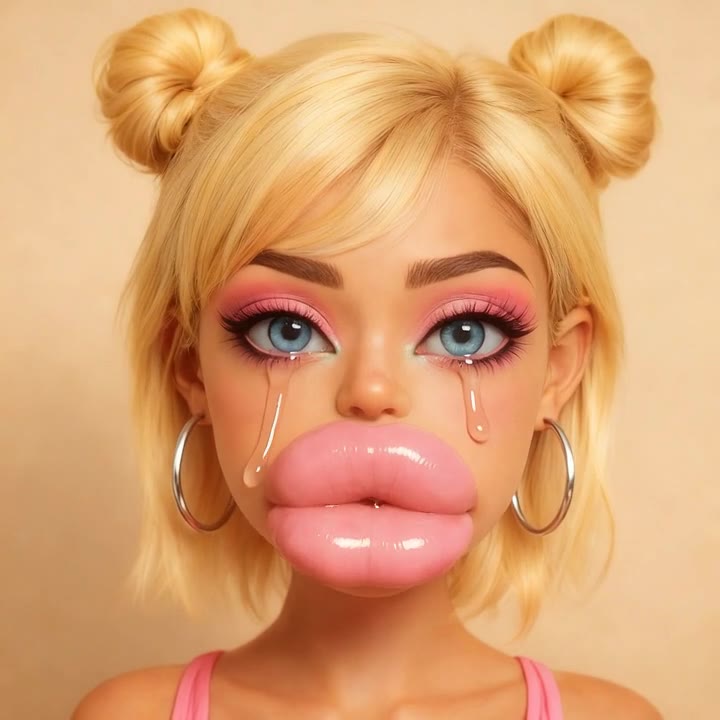 Spray on Finish on Blonde with Exaggerated Lips